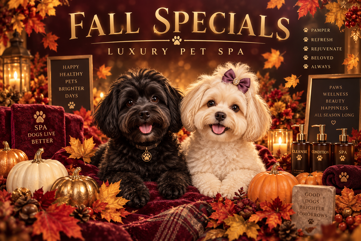 Tails Spa & Boutique Fall Specials banner with autumn leaves and two mascot dogs